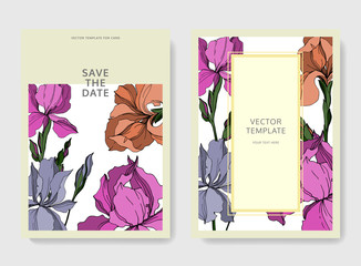 Vector Iris floral botanical flowers. Black and white engraved ink art. Wedding background card decorative border.