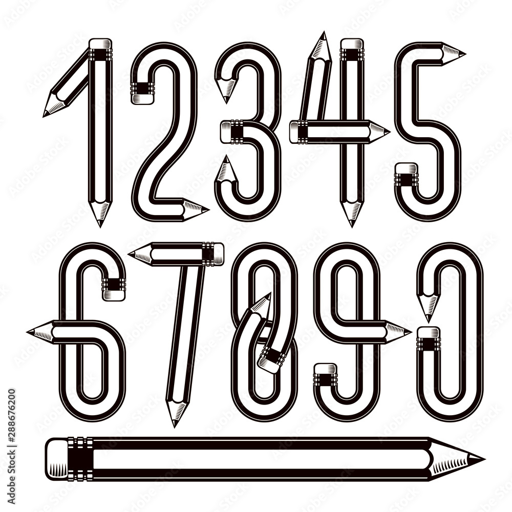 Poster vector modern numbers collection made with pencils, creative writing idea, best for use in logotype 