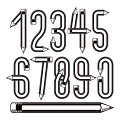 Vector modern numbers collection made with pencils, creative writing idea, best for use in logotype design for drawing art class.