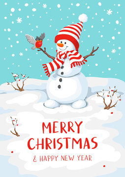 Cute Christmas greeting card with snowman and bullfinch. Greeting card with snowmen and snowfall.