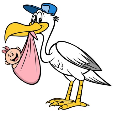 Stork with a Baby Girl - A cartoon illustration of a Stork with a Baby Girl.