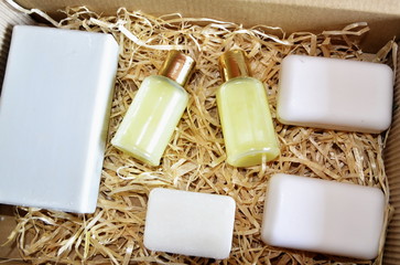 In the photo, natural soap is liquid and solid.