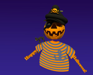 Halloween 3D illustration 2. A pumpkin character disguised as pirate, captain hat, sailor t shirt, anchor icon, black cat, dark background. Collection.
