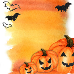Halloween creepy pumpkin and bat Watercolor hand painted abstract brush strokes pattern. Yellow, red, orange banner gradient background. Autumn colors. Greeting card concept with copy space for text.