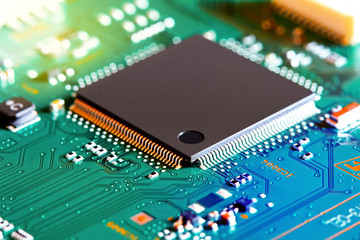 Electronic circuit board close up.