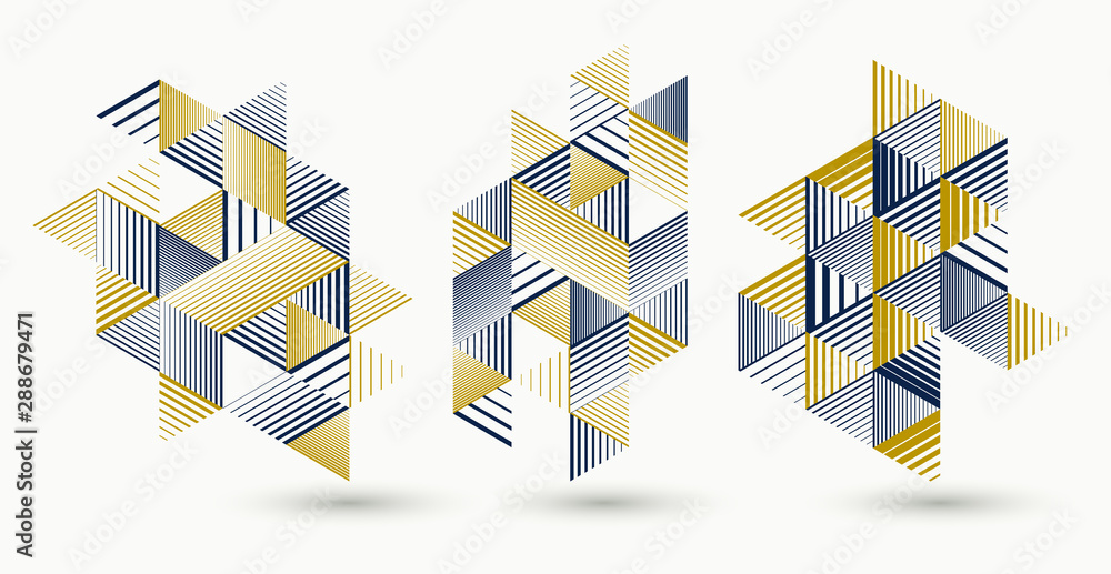 Poster linear striped abstract vector dimensional 3d backgrounds set with isolated retro style graphic elem