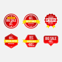 Obraz premium Set of red colored stickers and banners. Big set of beautiful discount and promotion banners. Advertising element. Sale banner tag. Geometric shapes and confetti. Vector illustration. - Vector