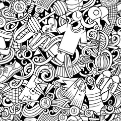Sports hand drawn doodles seamless pattern. Line art background