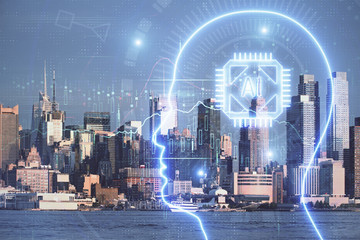 Brain hologram drawing on cityscape background multi exposure. Ai in modern city concept.