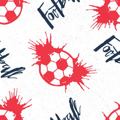 Football hand drawn lettering and flying ball with splashes seampless pattern for a football cup, soccer championship, children soccer team poster, footbal fan textile, sport club promo