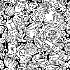 Cartoon cute doodles hand drawn Tea House seamless pattern.