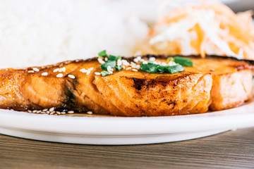 Special Salmon Steaks Recipe with steamed rice.