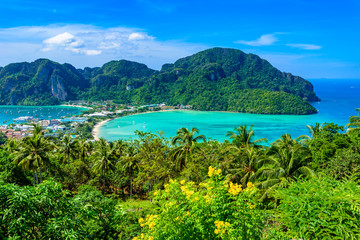 Koh Phi Phi Don, Viewpoint - Paradise bay with white beaches. View from the top of the tropical island over Tonsai Village, Ao Tonsai, Ao Dalum. Krabi Province, Thailand.