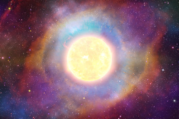 Blue super moon isolated on black background Bright supernova against colorful nebula cosmos sky,...