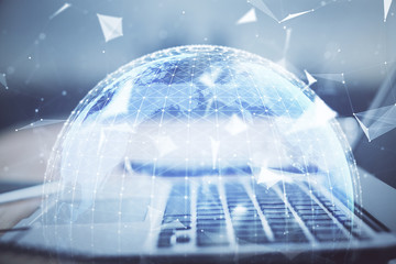 Multi exposure of business theme icons and table with computer background. Concept of success.