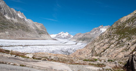 Panoramic shots of the spectacular terrain of the largest glacier in Europe , The Aletsch Glacier located in Central Switzerland.