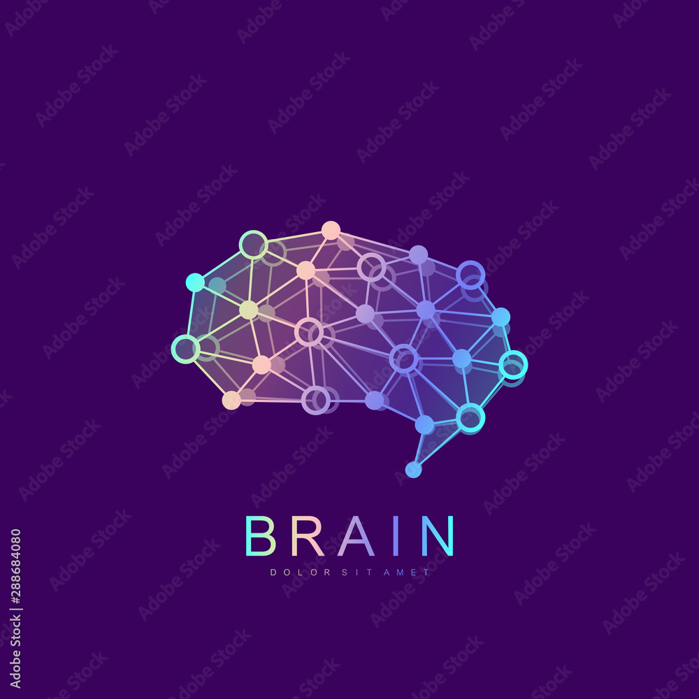 Poster Brain Logo silhouette design vector template with connected lines and dots. Artificial Intelligence Logo. Brainstorm think idea Logotype symbol icon concept