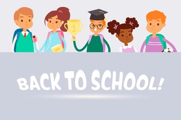 Back to school children vector illustration. Cute multinational pupils with backpacks at lesson with prise goblet. Boys and girls in school poster.