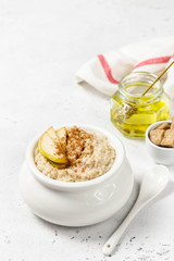 Honey pear cinnamon oats. Selective focus, space for text.