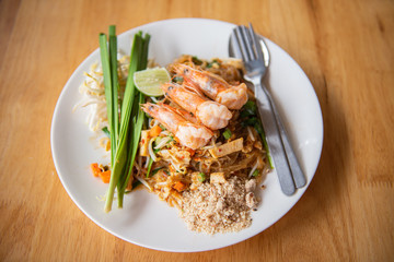fried noodle or Pad Thai and shrimp, popular menu of Thailand.