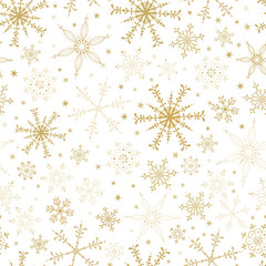 Beautiful snowflake seamless pattern - hand drawn in gold on white background, great for invitations, banners, wallpapers - vector surface design