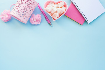 Flat lay girly, pale pink items for planning, notepads, pens, office work or working at home on her laptop, on the pale blue background, with place for labels. Concept Desk.