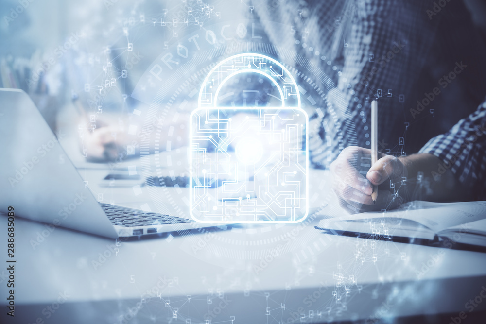 Poster Double exposure of lock icon with man working on computer on background. Concept of network security.