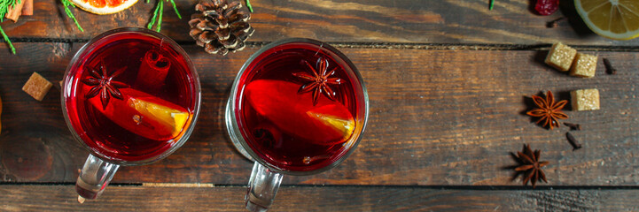 mulled wine, fragrant, sangria drink and festive mood atmosphere - concept New Year, Christmas....