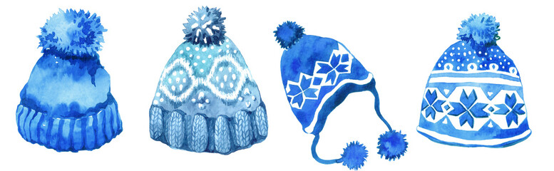 Watercolor winter hats set, isolated on white background.