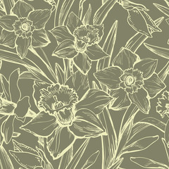 Khaki floral vintage seamless patten with hand drawn contours of flowers narcissus, daffodils. Elegant seamless floral texture background for wallpaper, fabrics, decor of interior, home textile.