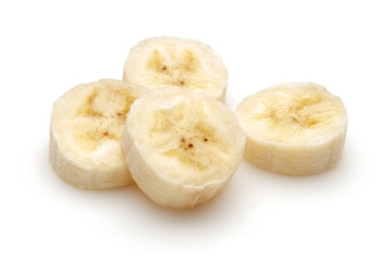 Peeled banana slices isolated on white background