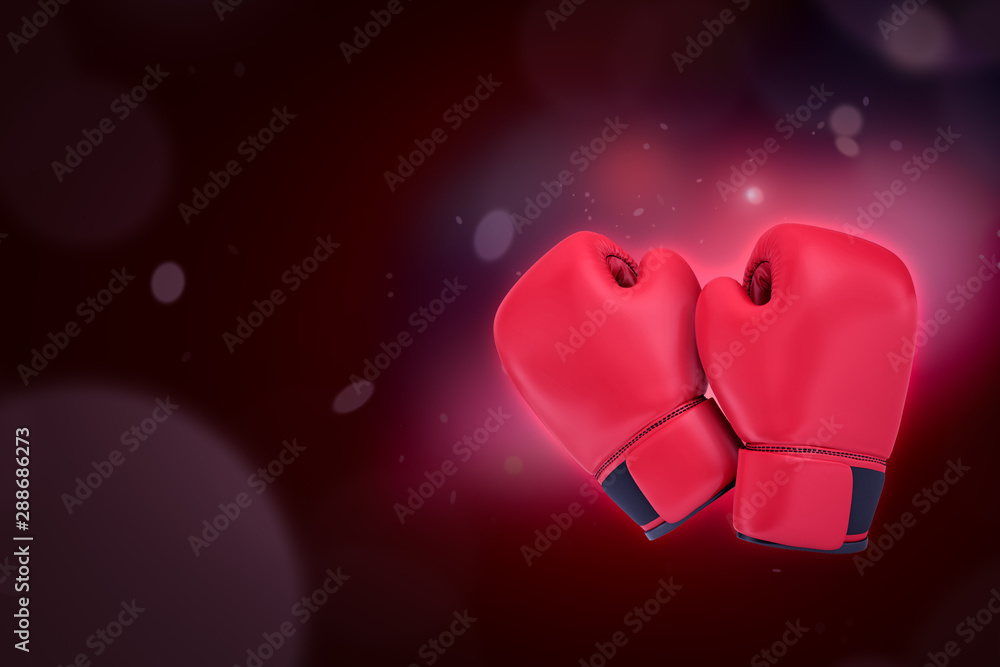 Aufkleber 3d rendering of pair of red boxing gloves on gradient cherry-purple bokeh background with copy space