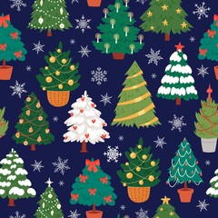 Seamless christmas trees, firs and pines pattern, vector illustration. Dark background with cute christmas trees, garlands, ribbons and balls and falling snow.