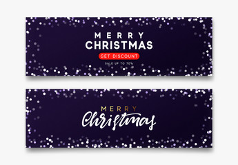 Set of horizontal backgrounds with blur bokeh effect. Christmas banner, poster, header for web site. Dark purple Xmas backdrop. Merry Christmas and Happy New Year handwritten text calligraphy.