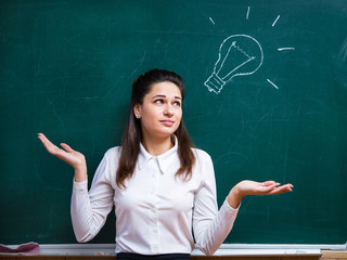 young teacher in doubt near blackboard