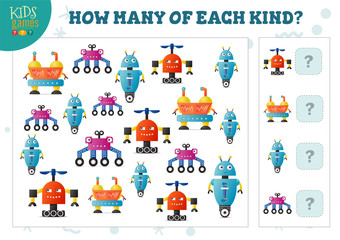 How many of each kind cartoon robot counting game for kids vector illustration