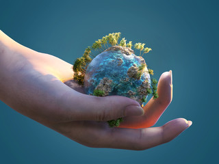small fragile blue planet in a female hand