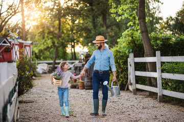A father with small daughter walking outdoors on family farm, holding hands.
