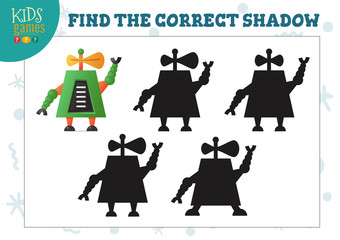 Find the correct shadow for cute cartoon humanoid robot educational preschool kids mini game