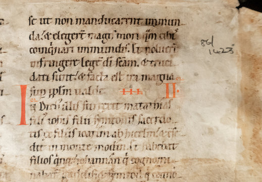 C12th twelfth century MSS manuscript handwritten leaf of a Bible, German with red capitals.