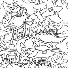 Seamless pattern with contour lines of images for halloween on a white background.