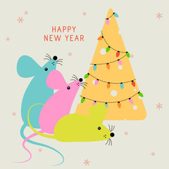 Happy New year. 2020. Mouse or rat with cheese Christmas tree. New year greeting card for 2020. Chinese New year symbol 2020