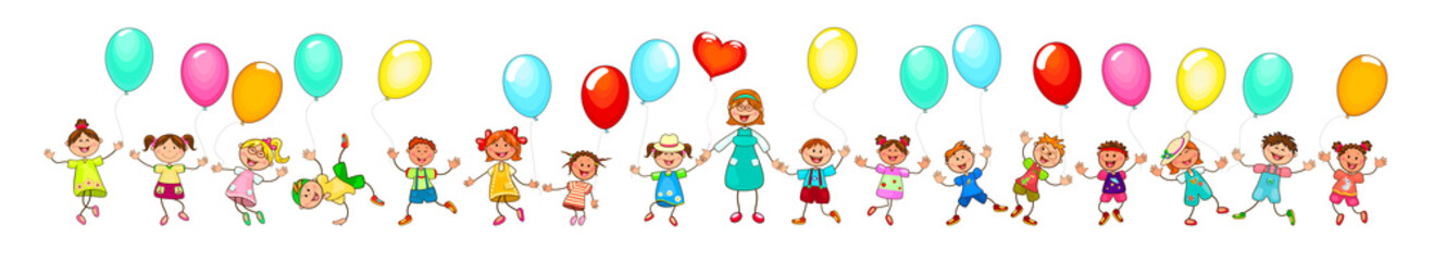 Fototapeta na wymiar Teacher and happy kids with balloons. Joyful little children and a teacher. A group of happy, smiling children with balloons. A group of children with a teacher on a walk. Group of cheerful, smiling c