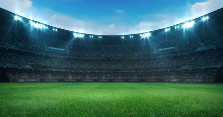 Empty green grass playground in a stadium full of fans at daylight, sport 4K professional background animation loop