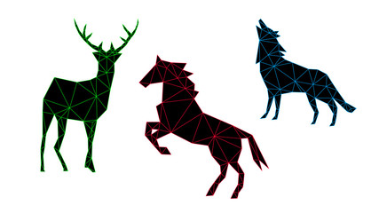 Modern geometric images of a deer, horse and wolf from black triangles and a colored outline. Minimalism in the style of trigonometry.