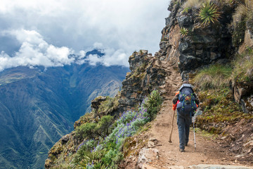 Young hiker man trekking with backpack in Peruvian Andes mountains, Peru, South America - obrazy, fototapety, plakaty