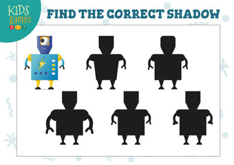 Find the correct shadow for cute cartoon humanoid robot educational preschool kids mini game
