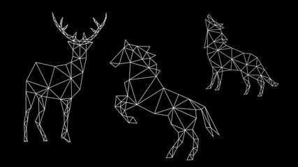 Fashion geometric out of white contour of a deer, horse and wolf on a dark background. Minimalism in the style of trigonometry.