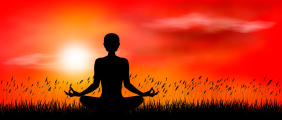 Yoga meditation on sunset background. A woman performs yoga exercises at sunset. Human going yoga