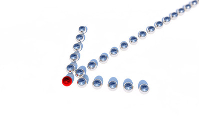 Concept or conceptual row of balls in form of an arrow with a red one standing out on blue background as a metaphor for creativity and leadership. A courage, action and success 3d illustration